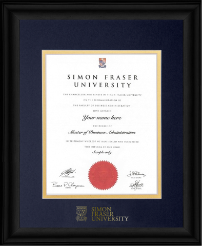 Satin black finish diploma frame with gold embossed SFU logo.